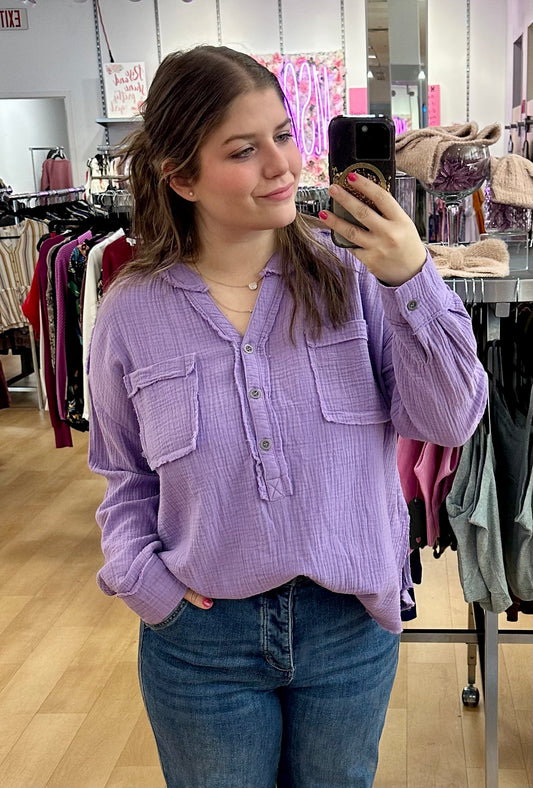 Long Sleeve Gauze Top W/ Pockets