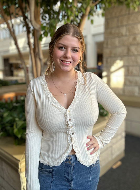 Button Down Lace Trim Fitted Knit Top