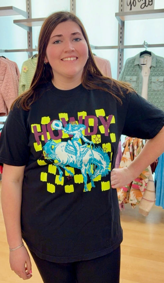 Neon "Howdy" Checkered T-Shirt