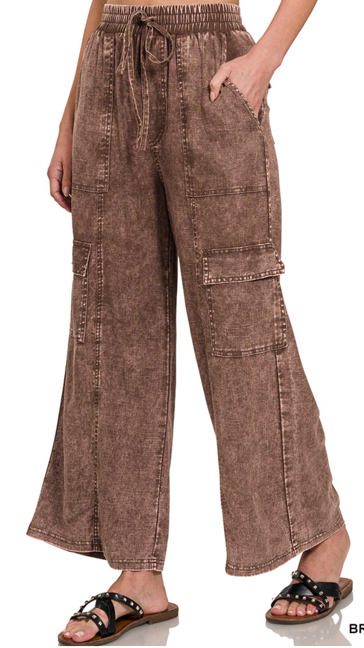 Washed Linen Elastic Band Waist Cargo Pants