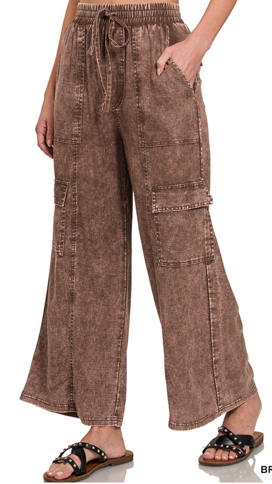 Washed Linen Elastic Band Waist Cargo Pants