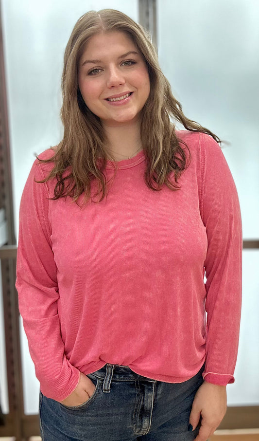acid wash ribbed long sleeve top