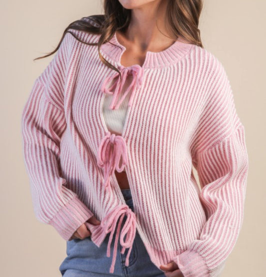 Front Tie Two Tone Cardigan