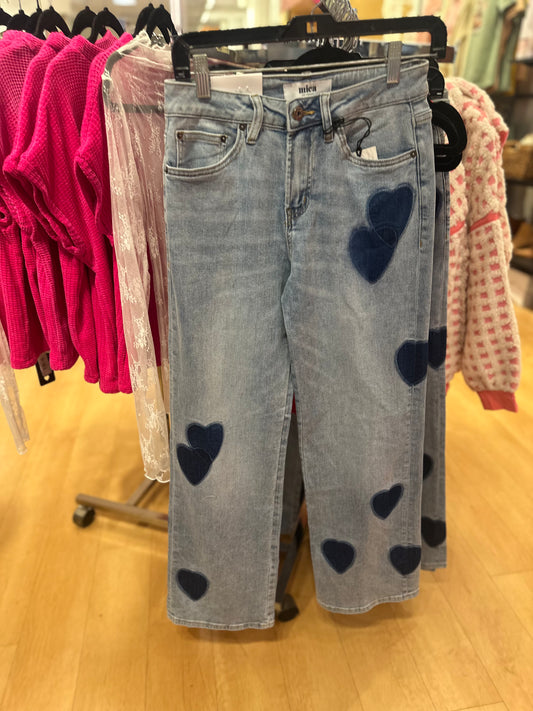 High Rise Wide Leg Heart Patch Jeans
