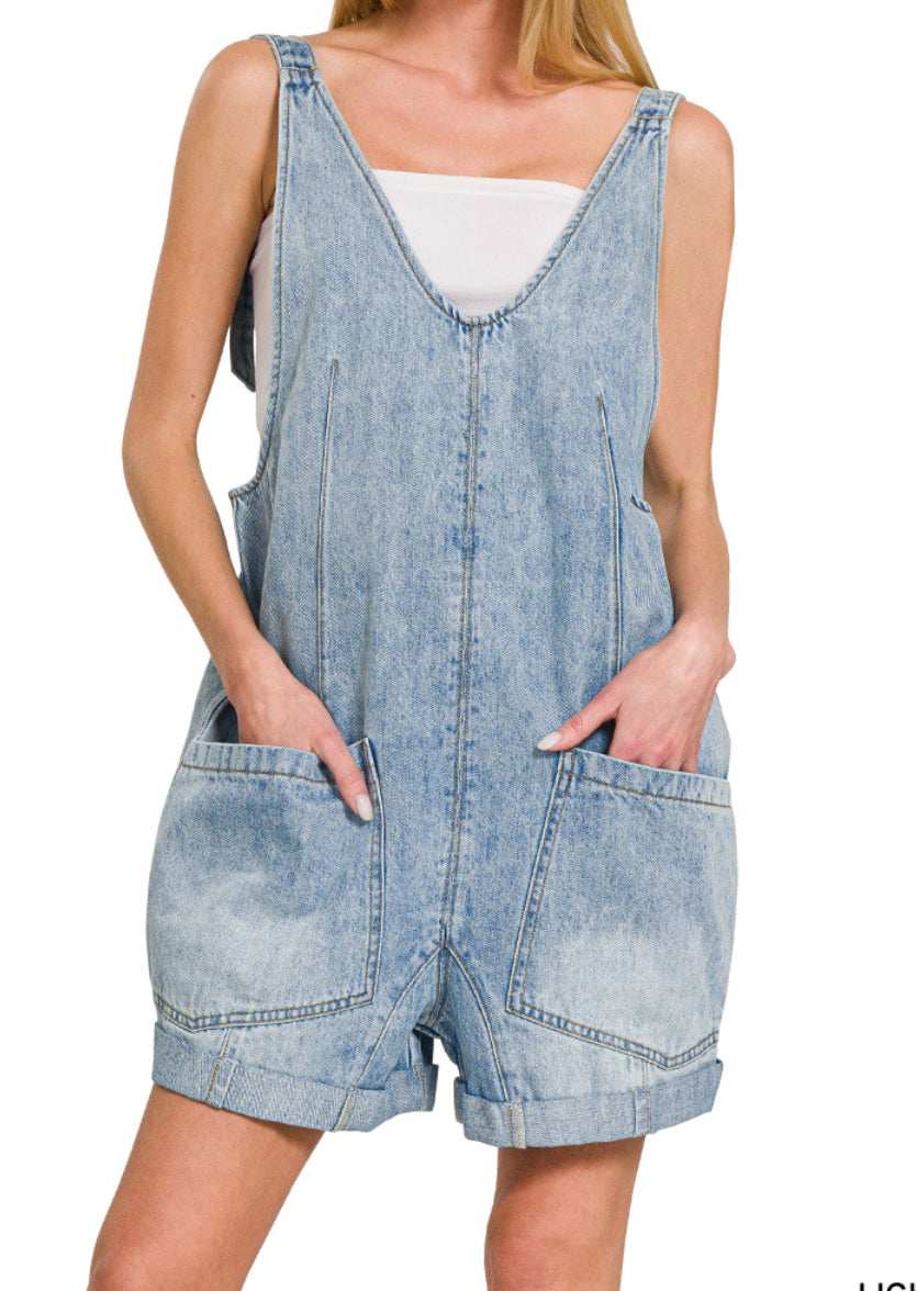 Denim short overalls w/ pockets