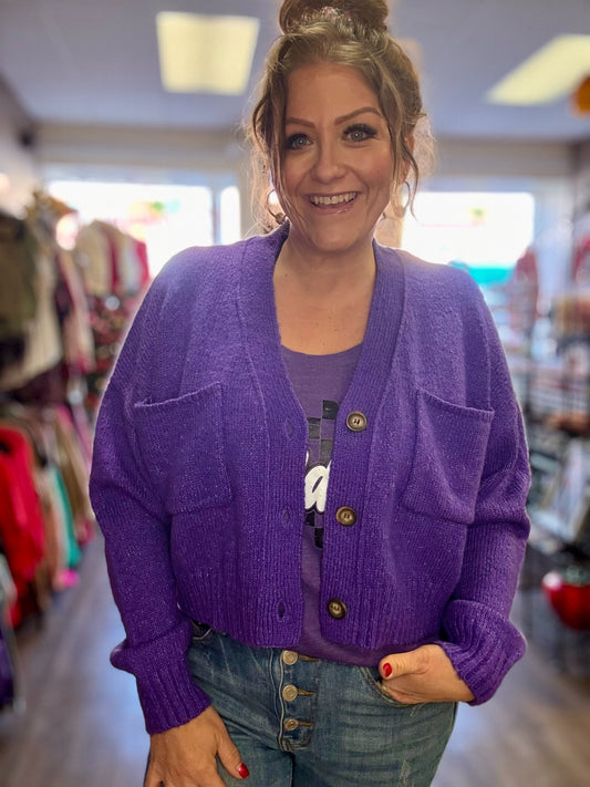 Cropped Purple Cardigan w/ Pockets