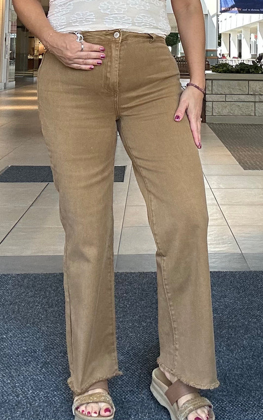 Acid Washed High Waist Frayed Hem Straight Pants