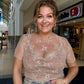 Mesh Lace High Neck Design Short Sleeve Fitted Top